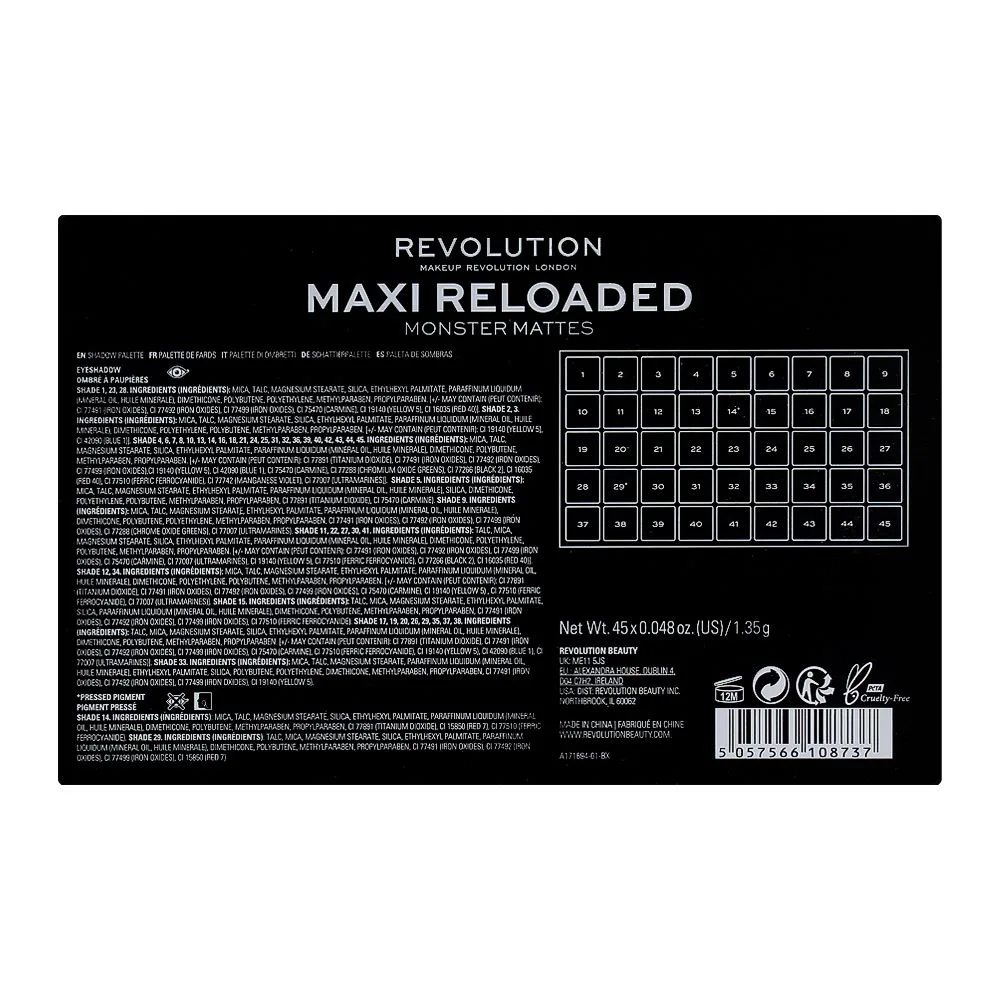 Premium everyday wear makeup revolution maxi reloaded eyeshadow palette, monster mattes, 45 pieces