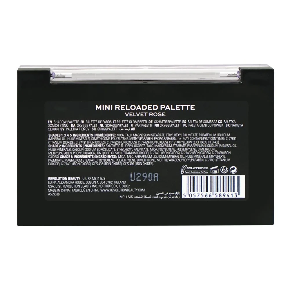 Makeup Revolution Mini Reloaded Eyeshadow Palette, Velvet Rose 6-Pack shades and color detail