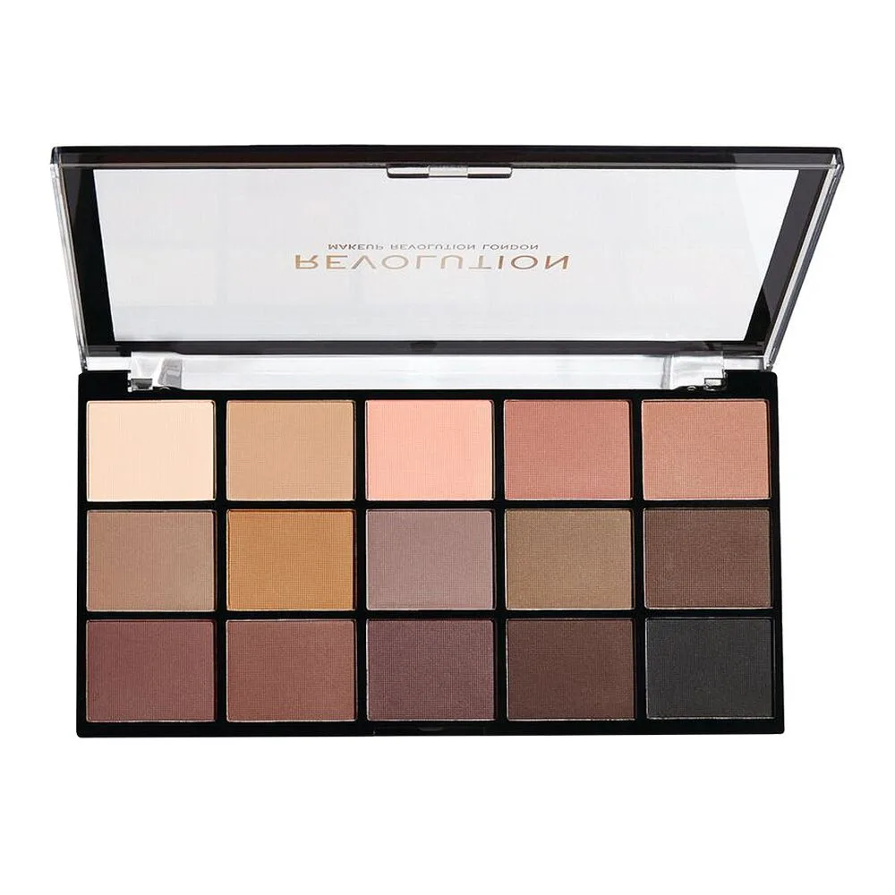 Side view of makeup revolution reloaded eyeshadow palette, basic mattes, 15 pieces