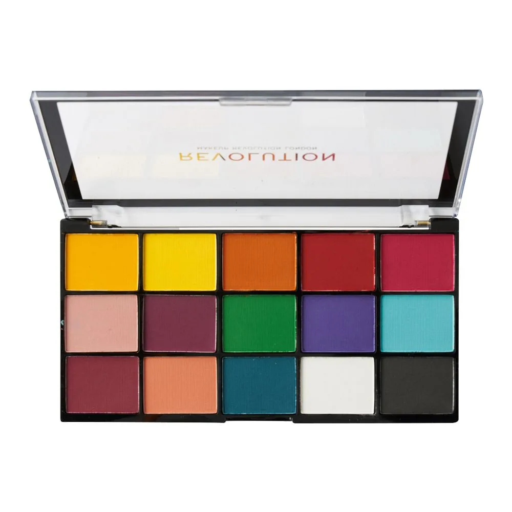 Side view of makeup revolution reloaded eyeshadow palette, marvellous mattes, 15 shades