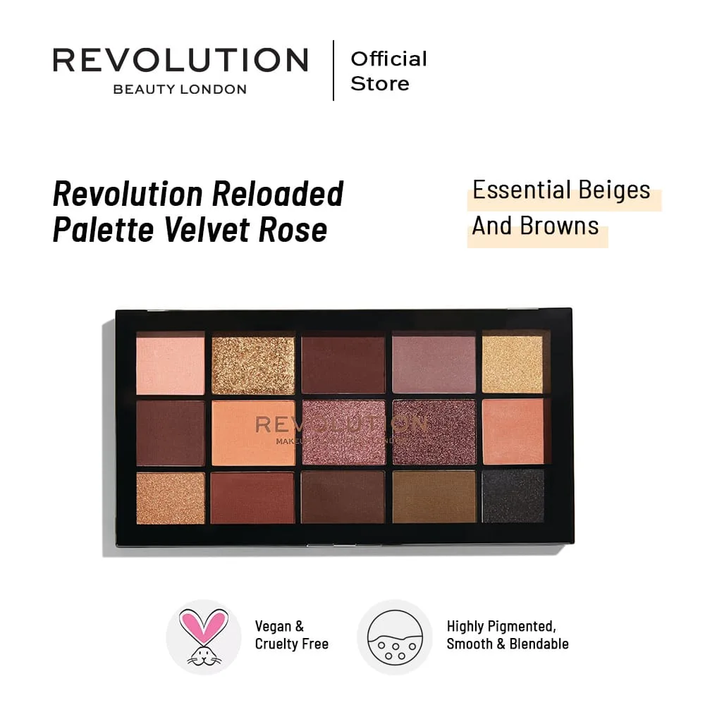 Makeup Revolution Reloaded Eyeshadow Palette, Velvet Rose, 15-Pack