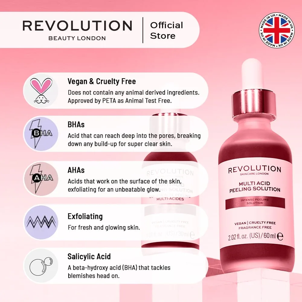 Side view of makeup revolution skincare multi acid aha & bha peel serum, 30ml