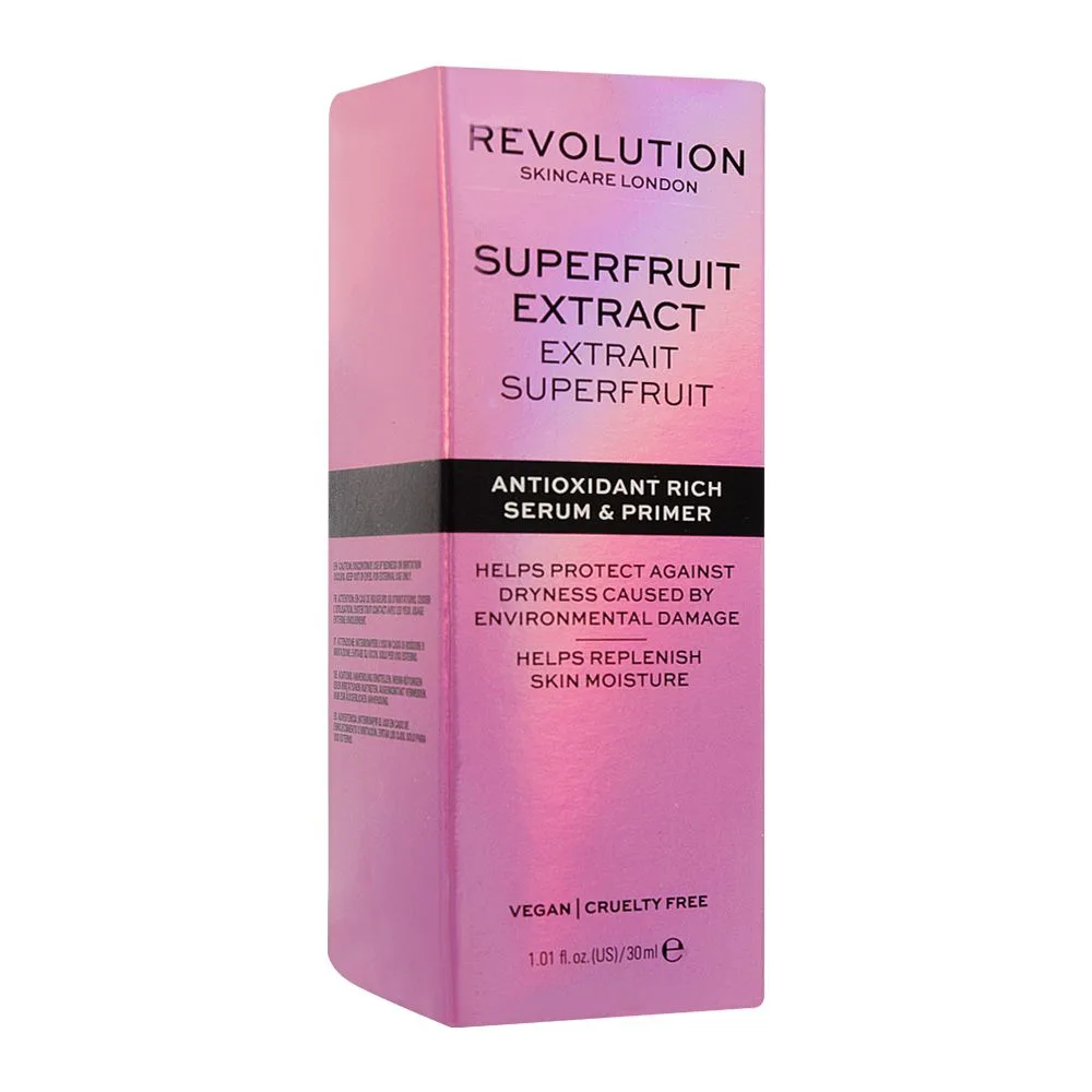 Side view of makeup revolution superfruit extract antioxidant rich serum & primer, 30ml