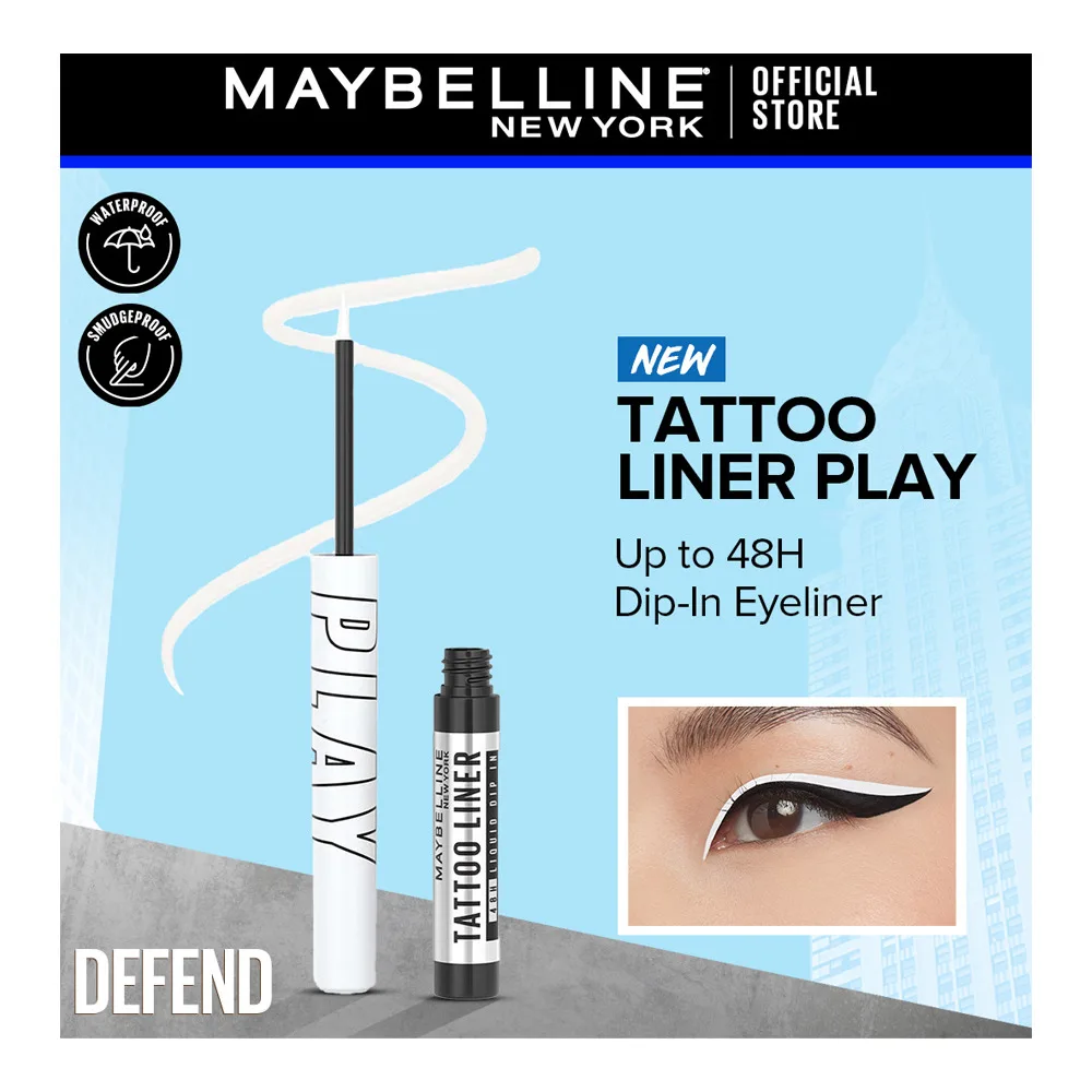 Maybelline New York Tattoo Play Liquid Eyeliner, Water & Smudge Proof, Vegan Formula, Defend-Matte White