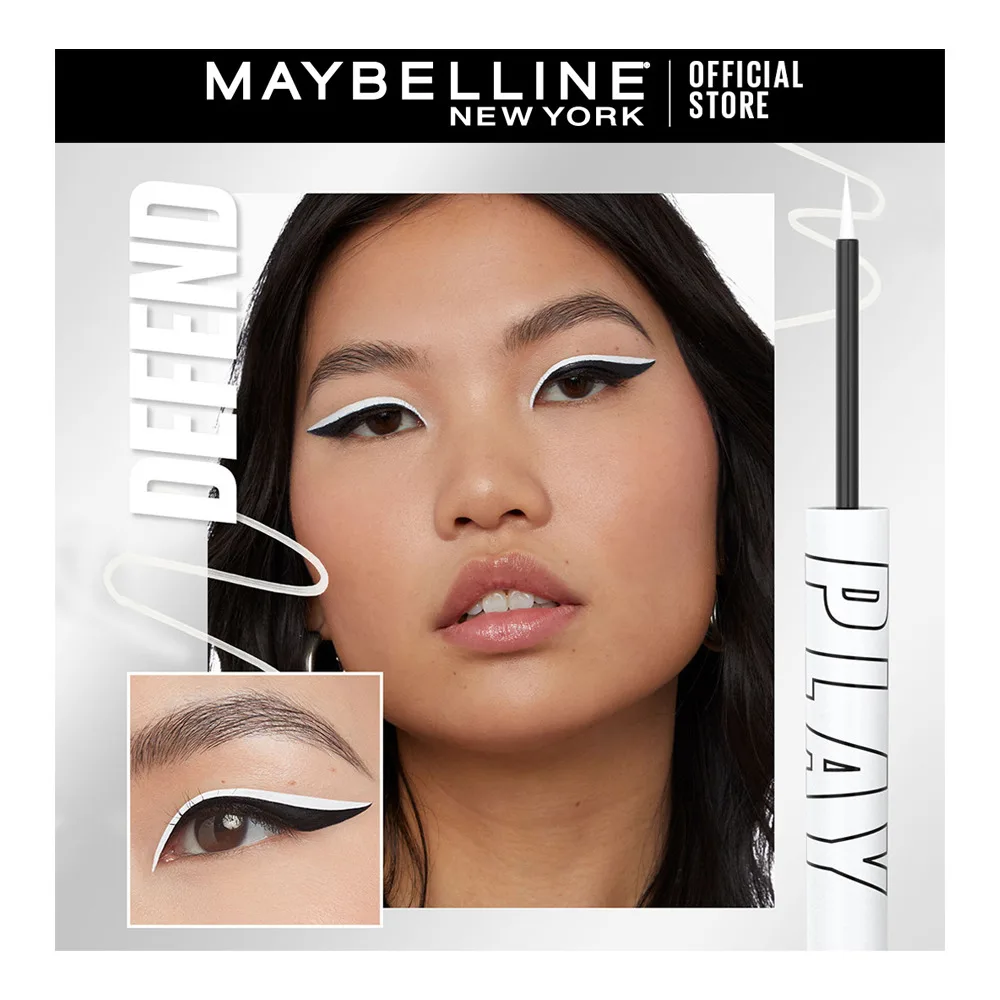Side view of maybelline new york tattoo play liquid eyeliner, water & smudge proof, vegan formula, defend-matte white