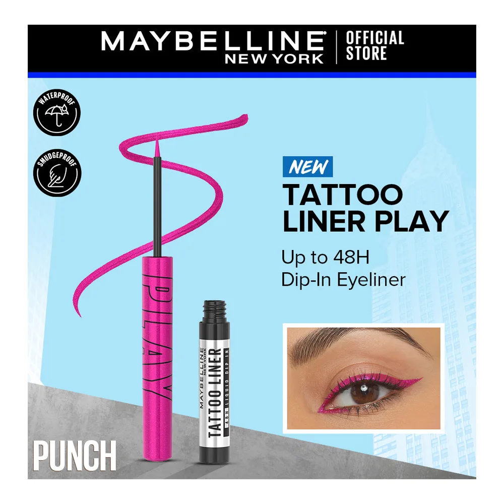 Maybelline New York Tattoo Play Liquid Eyeliner, Water & Smudge Proof, Vegan Formula, Punch-Metallic Pink