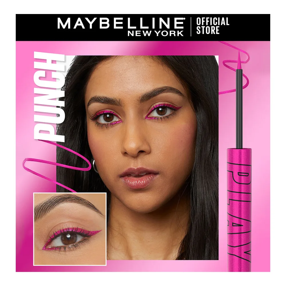 Side view of maybelline new york tattoo play liquid eyeliner, water & smudge proof, vegan formula, punch-metallic pink
