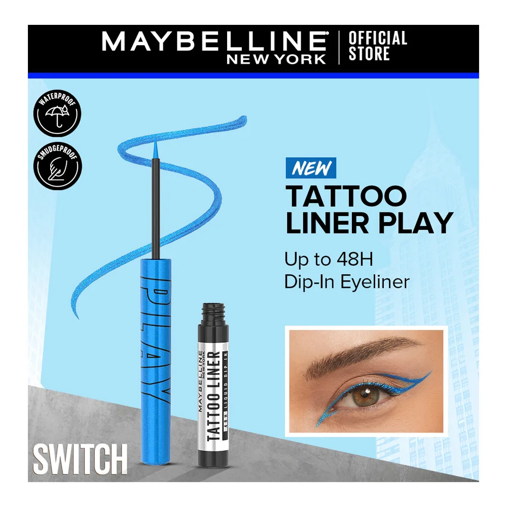 Maybelline Tattoo Play Liquid Eyeliner, Waterproof, 2.1ml, Switch-Metallic Blue