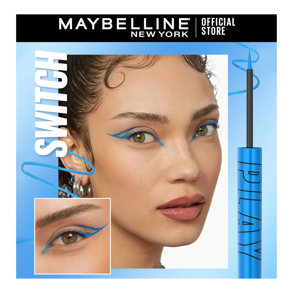 Side view of maybelline tattoo play liquid eyeliner, waterproof, 2.1ml, switch-metallic blue