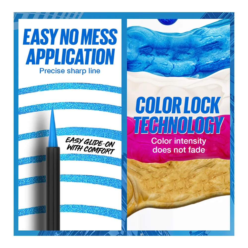 Close-up design of maybelline tattoo play liquid eyeliner, waterproof, 2.1ml, switch-metallic blue