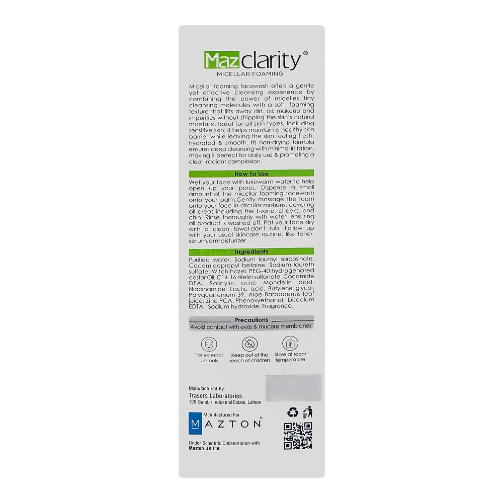 Comfortable casual mazton mazclarity micellar foaming face wash, for oily combination skin, 100ml