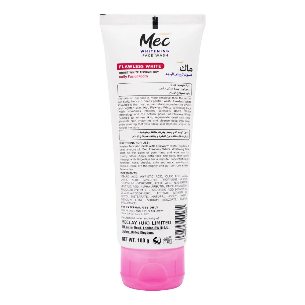Side view of mec whitening flawless white face wash, 100g