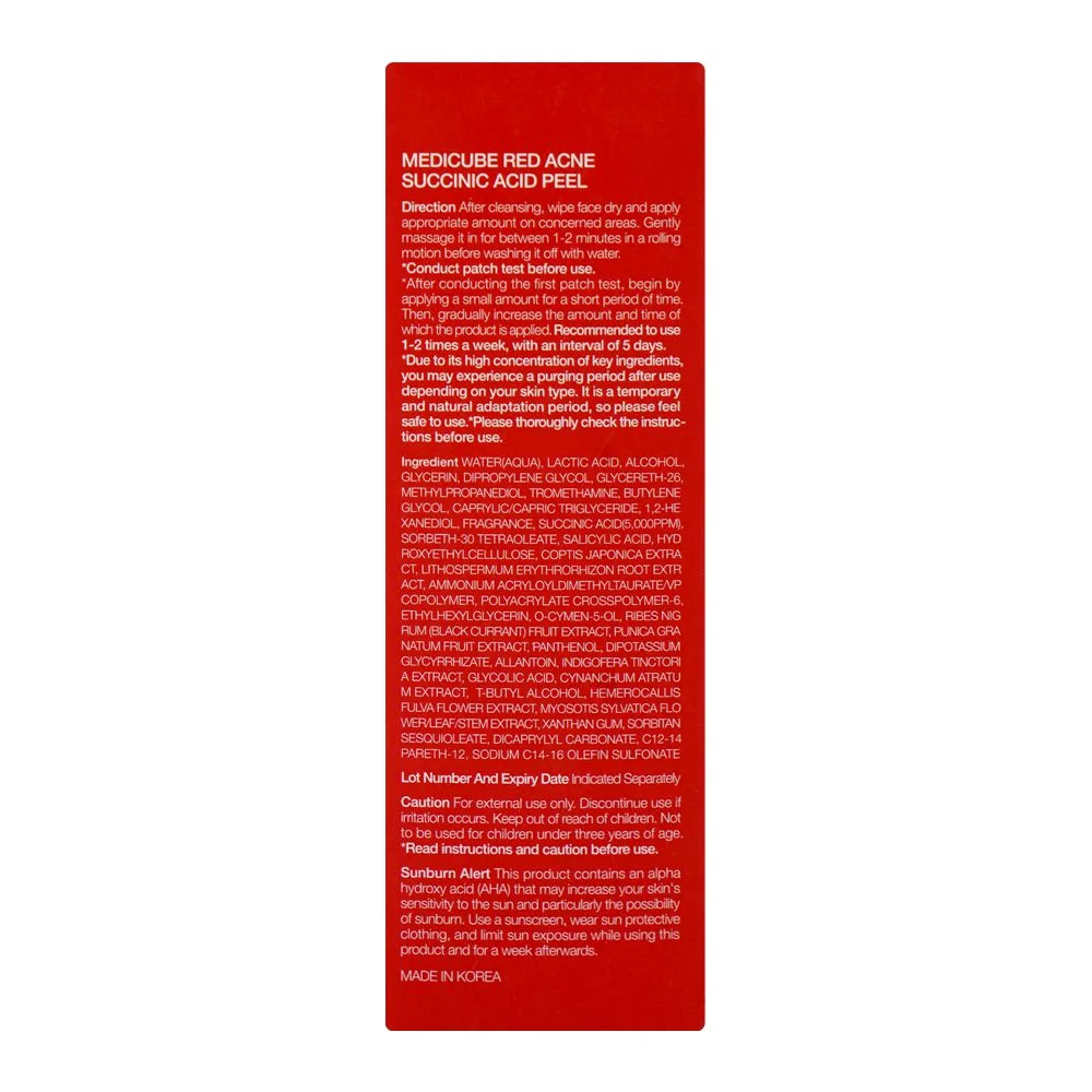 Side view of medicube 1 min red acne succinic acid peel, lactic acid, salicylic acid, for acne-prone skin, 40g