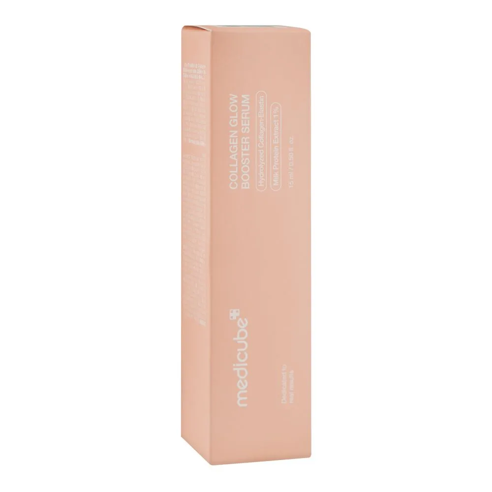 Side view of medicube collagen glow booster serum, hydrolyzed collagen-elastin, for all types of skin, 15ml