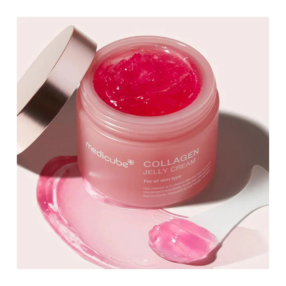 Side view of medicube collagen jelly cream, niacinamide, glycerin, for sensitive skin, 110ml