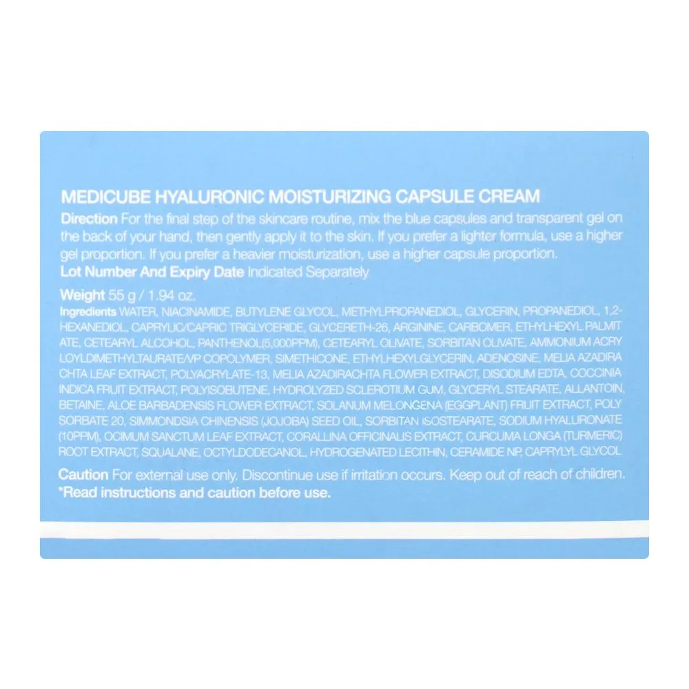 Side view of medicube hyaluronic moisturizing capsule cream, niacinamide, glycerin, 55g
