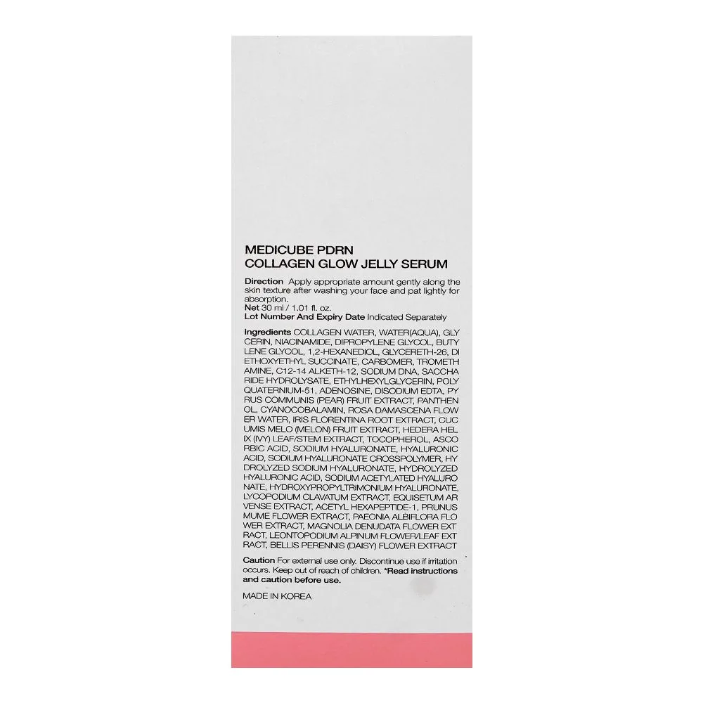 Side view of medicube pdrn collagen glow jelly serum, niacinamide, hyaluronic acid, for radiant skin, 30ml