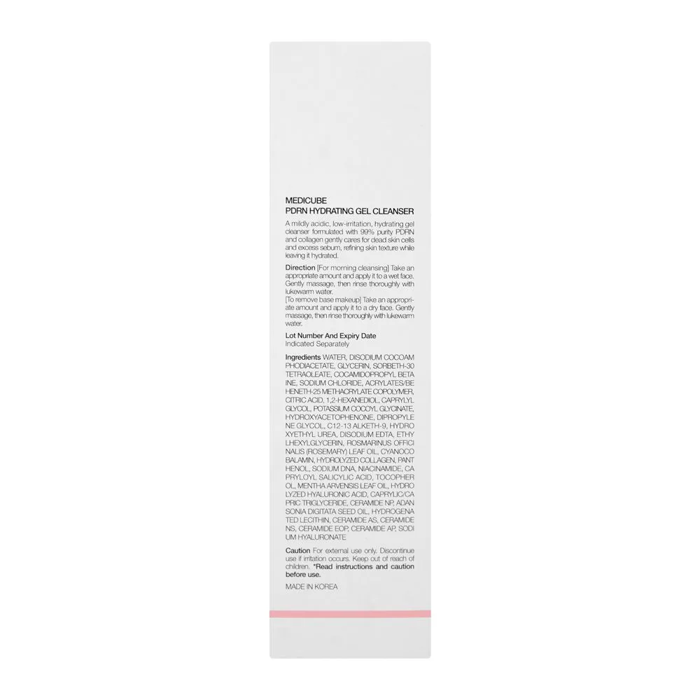 Side view of medicube pdrn hydrating gel cleanser, salicylic acid, hyaluronic acid, for all types of skin, 200ml