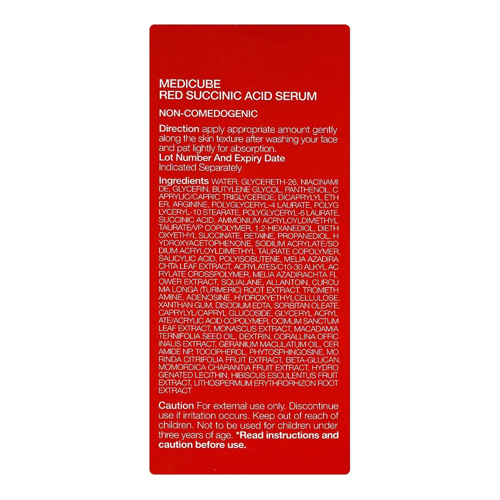 Side view of medicube red succinic acid serum, succinic acid, niacinamide, for acne-prone skin, 30ml
