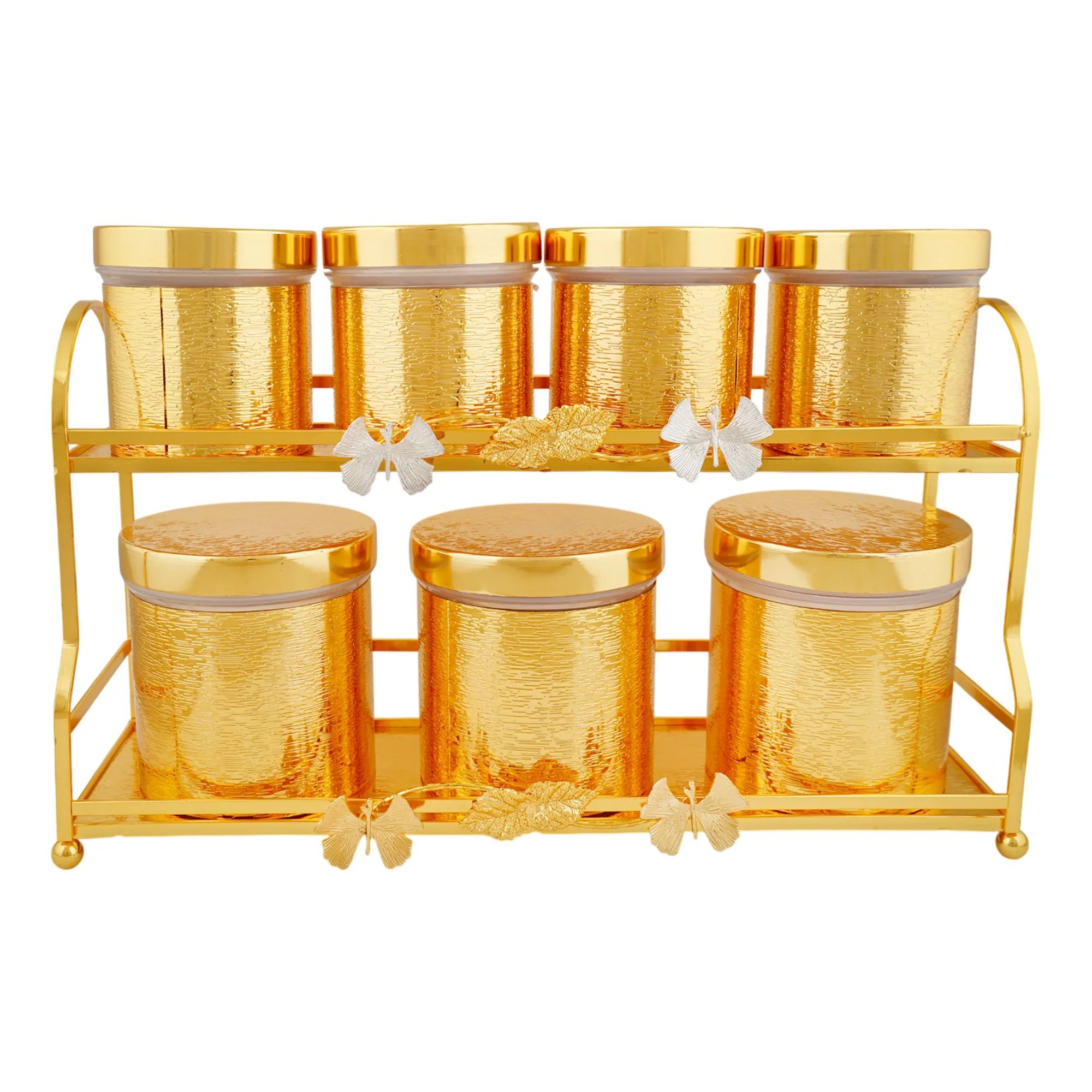 Side view of more & more jar set, golden, ba-23, 7-pack