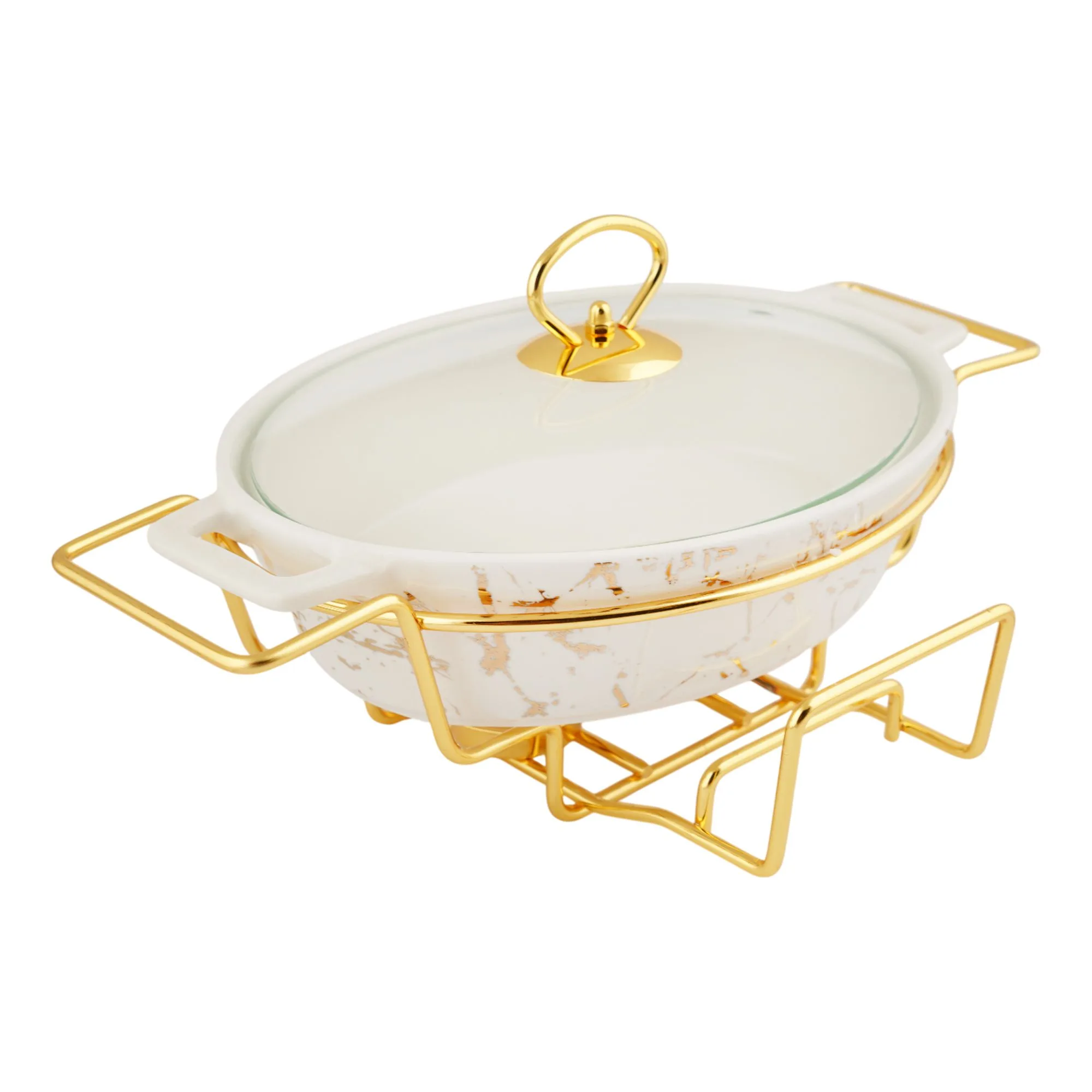 Side view of more & more oval casserole dish with warmer rack, white, 13.5 inches, cx2426