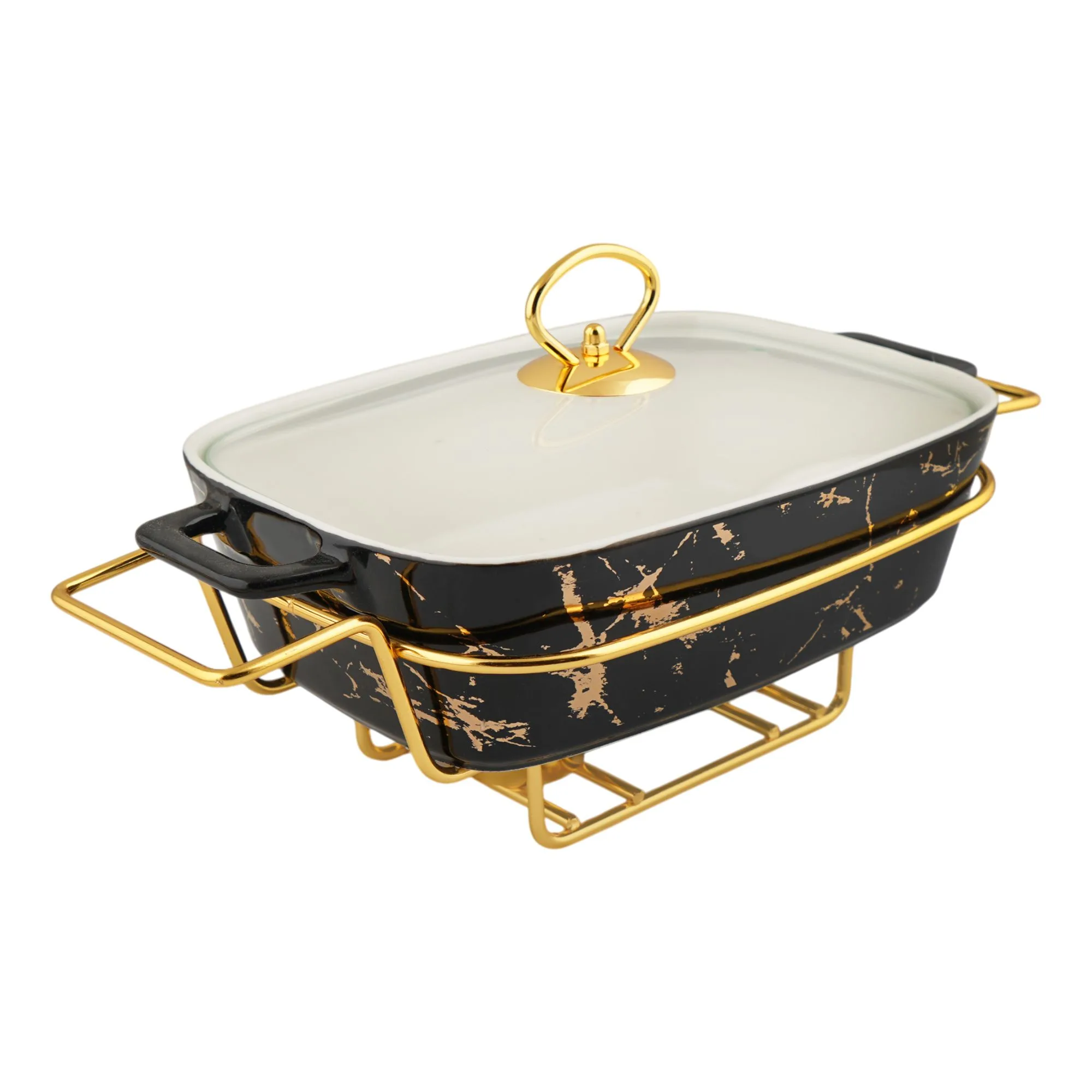 Side view of more & more rectangular casserole dish with warmer rack, black, 14.5 inches, cx2421