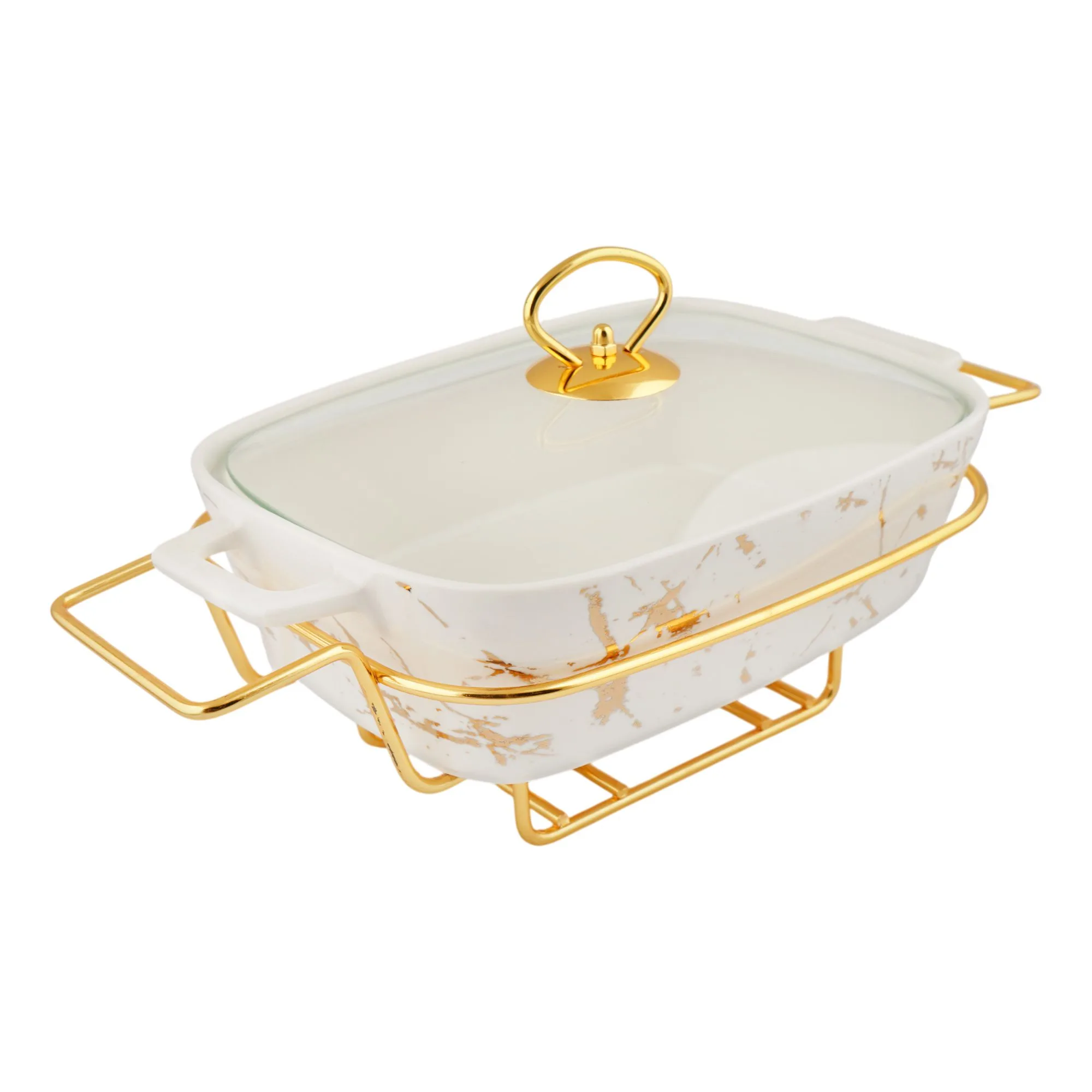 Side view of more & more rectangular casserole dish with warmer rack, white, 14.5 inches, cx2421