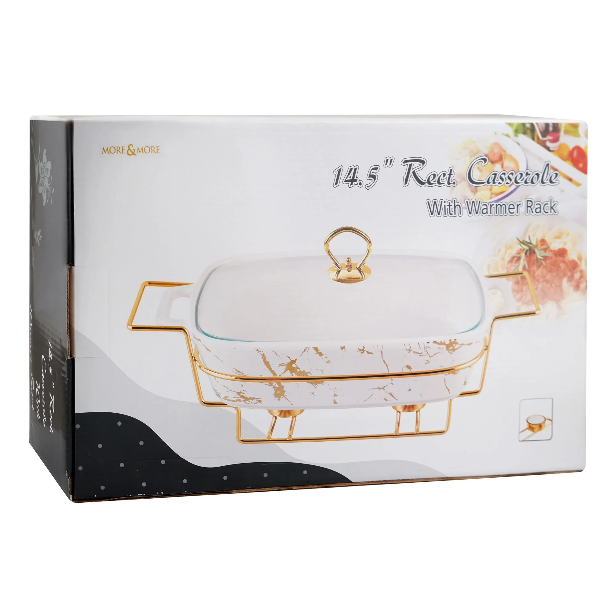 Comfortable casual more & more rectangular casserole dish with warmer rack, white, 14.5 inches, cx2421