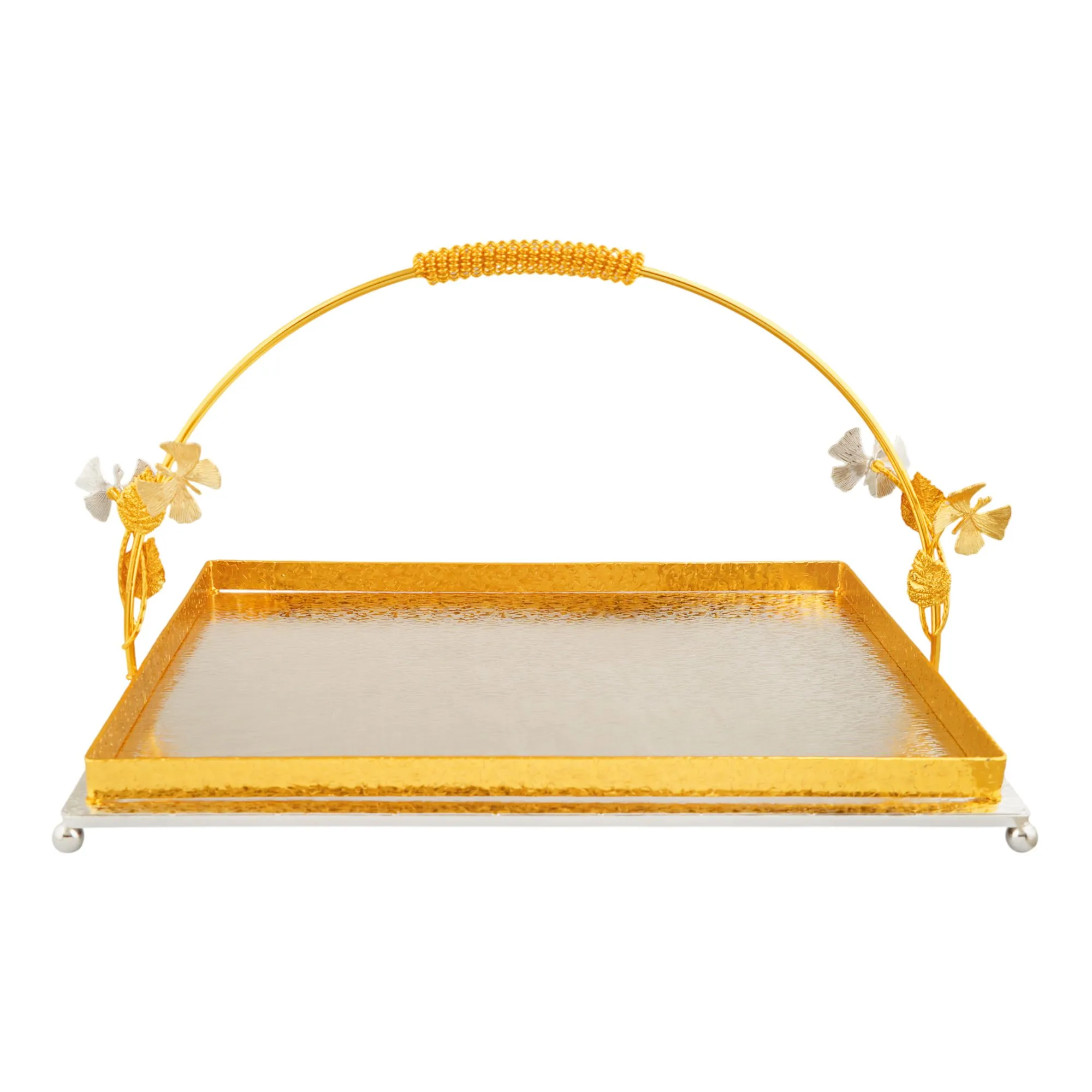 Side view of more & more rectangular platter, large, golden/silver, ba-73