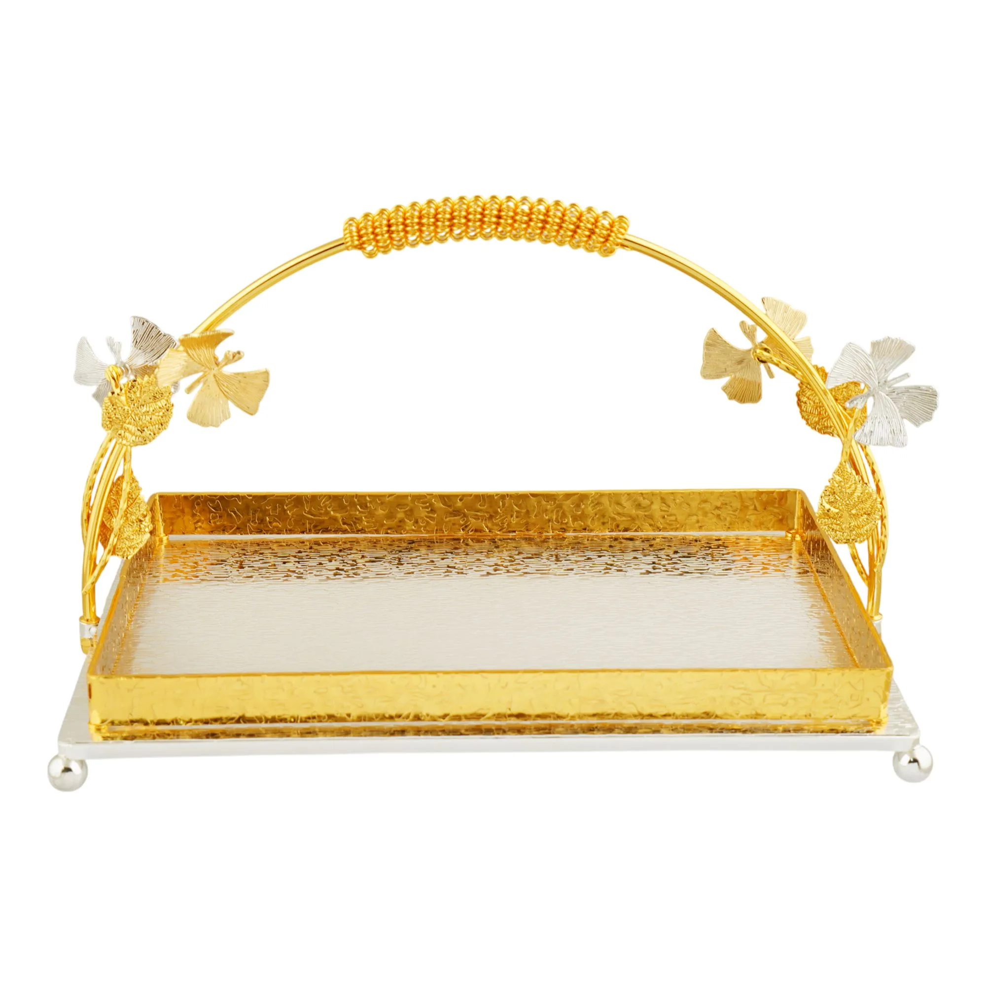 Side view of more & more rectangular platter, small, golden/silver, ba-71