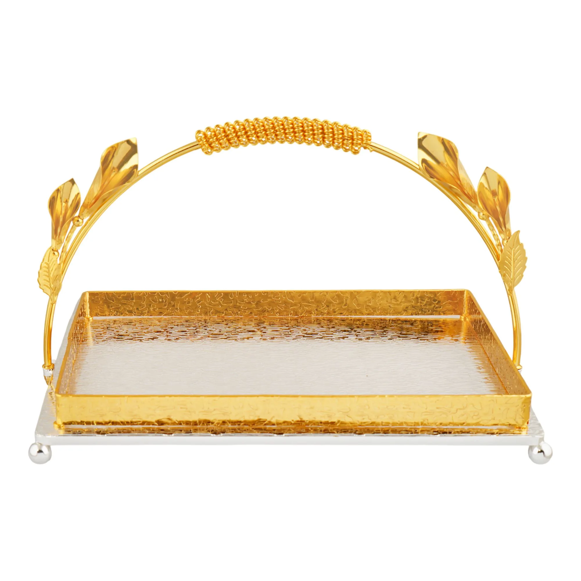 Side view of more & more rectangular platter, small, golden/silver, ba-80