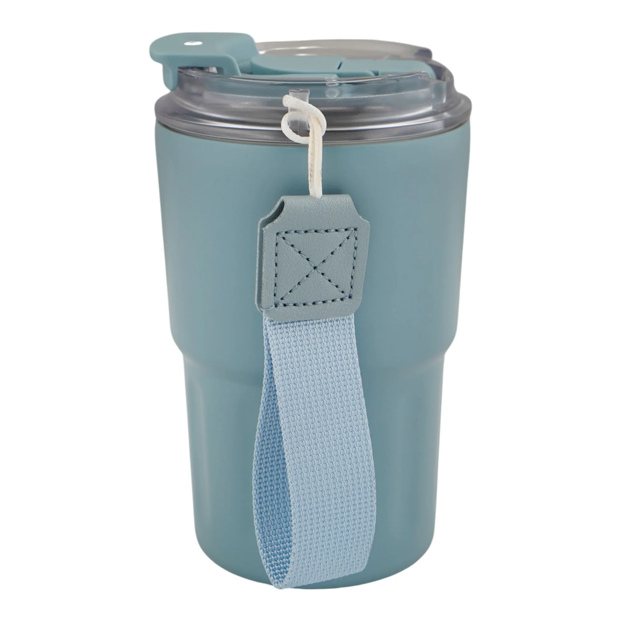 Side view of more & more stainless steel coffee mug, blue, 360ml, zf-026