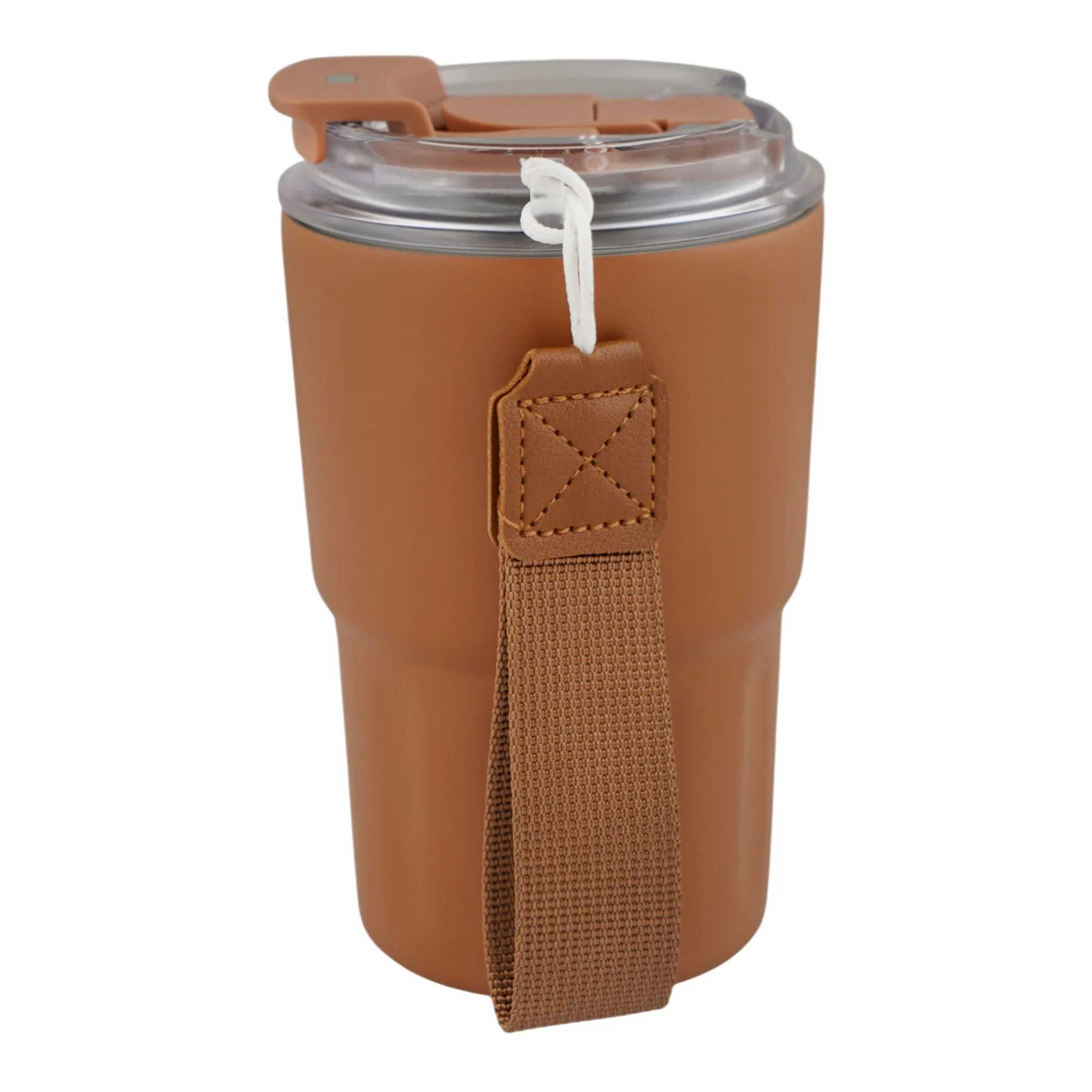 Side view of more & more stainless steel coffee mug, brown, 360ml, zf-026