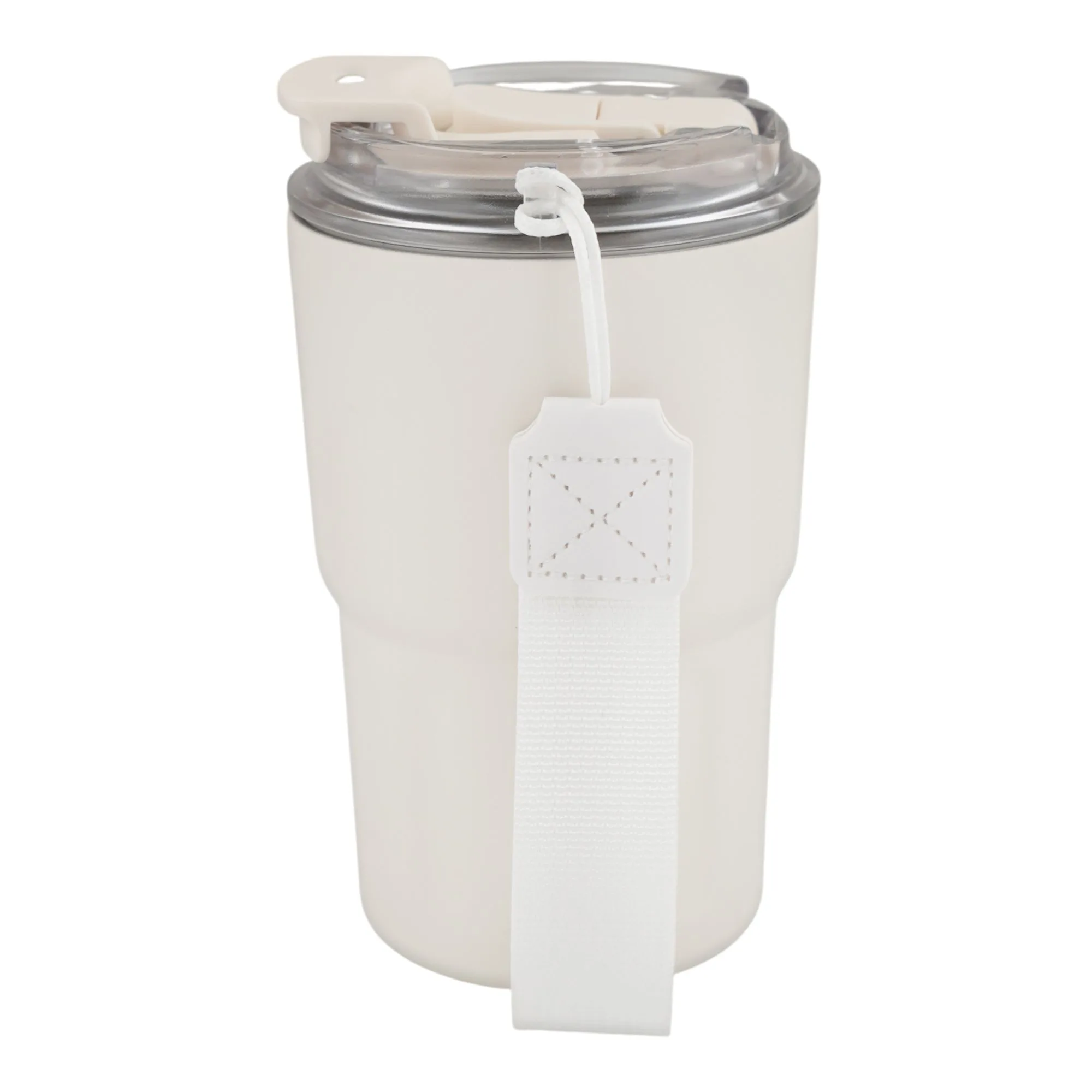 Side view of more & more stainless steel coffee mug, white, 360ml, zf-026