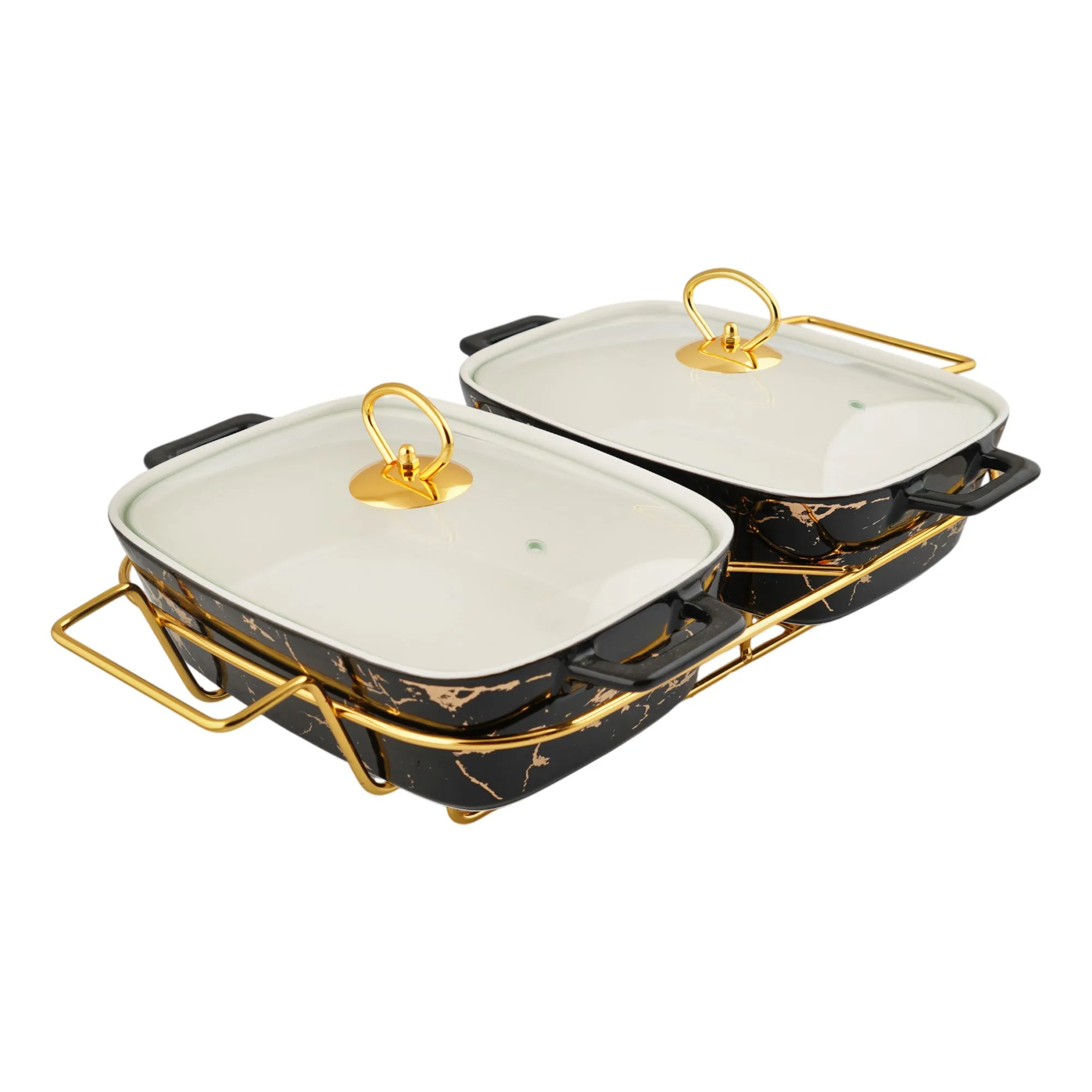 Side view of more & more twin rectangular casserole dish with warmer rack, black, 12 inches, cx2420d