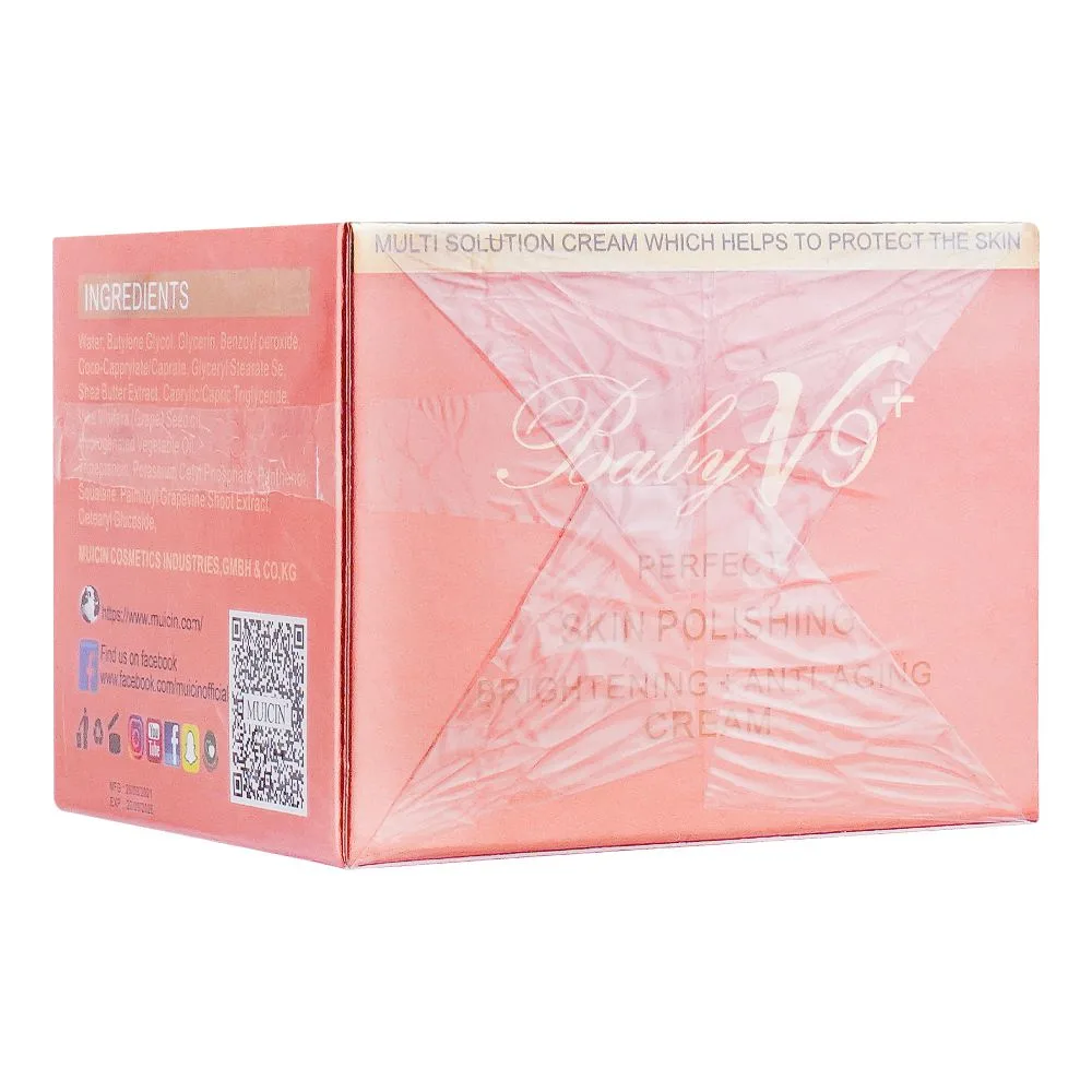 Side view of muicin baby v9 + brightening + anti aging day-night skin polish cream, for all skin types, 50g