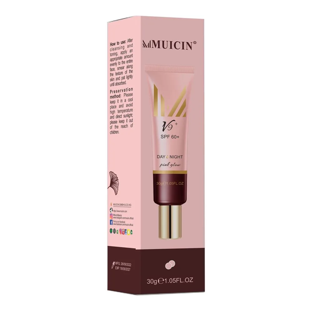 Side view of muicin baby v9+ spf 60+ day & night pink glow isolation makeup primer, 30g
