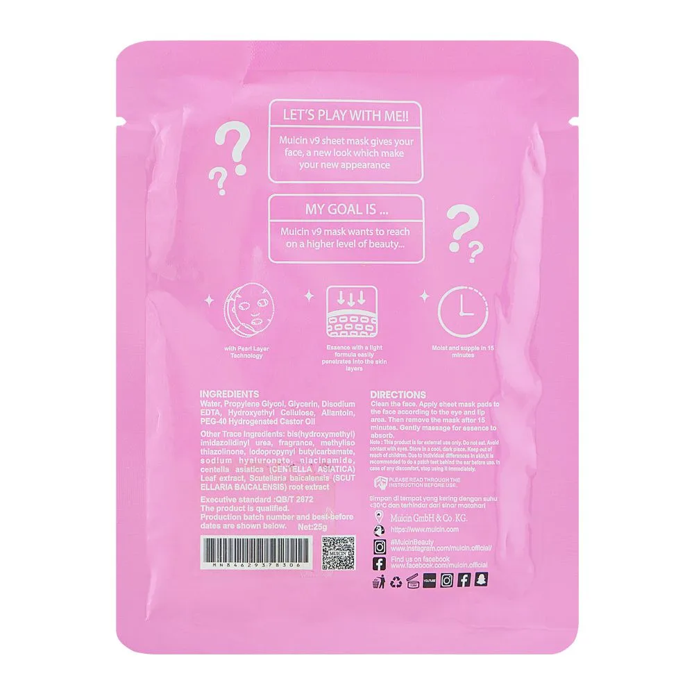 Side view of muicin v9 multi action 9-in-1 intensely hydrating glow sheet mask, for all skin types, 25g