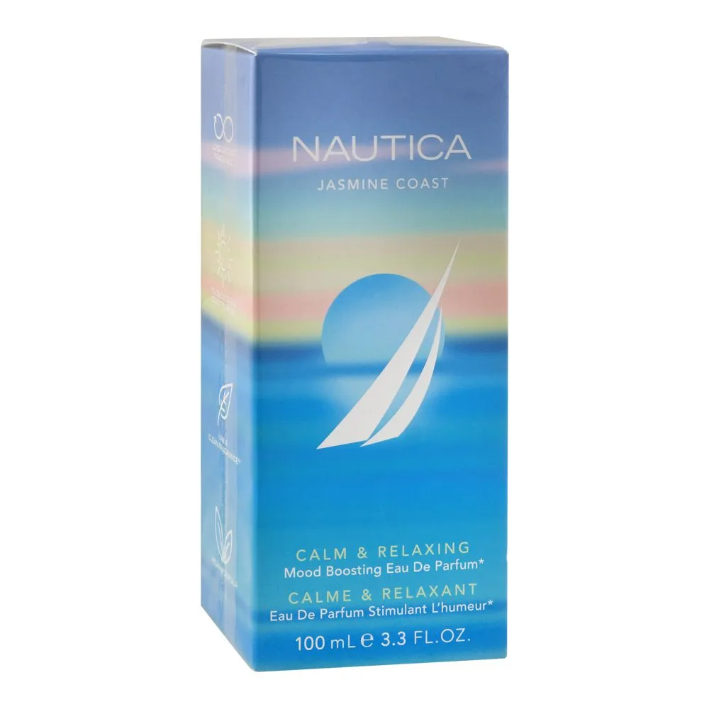 Side view of nautica jasmine coast calm & relaxing mood boosting, eau de parfum, for men & women, 100ml