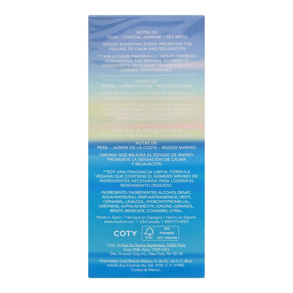 Comfortable casual nautica jasmine coast calm & relaxing mood boosting, eau de parfum, for men & women, 100ml