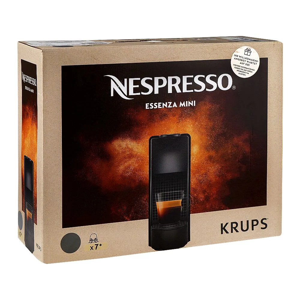 Side view of nespresso essenza mini machine, 0.6 liter water tank, 7 pods, grey, c30-xn110b.23