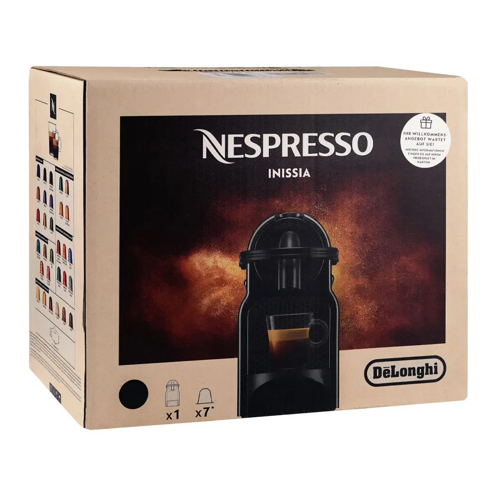 Side view of nespresso inissia coffee machine, 1200w, 120v, 0.7 water tank, 10 capsules, black, en80.b