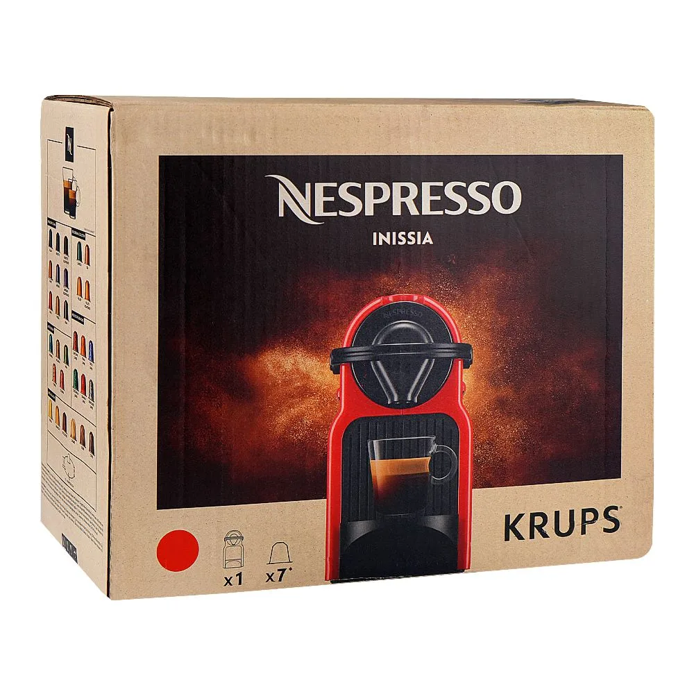 Side view of nespresso inissia krups coffee machine, 1150-1260w, 220-240v, 1 liter, red, xn1005.99de