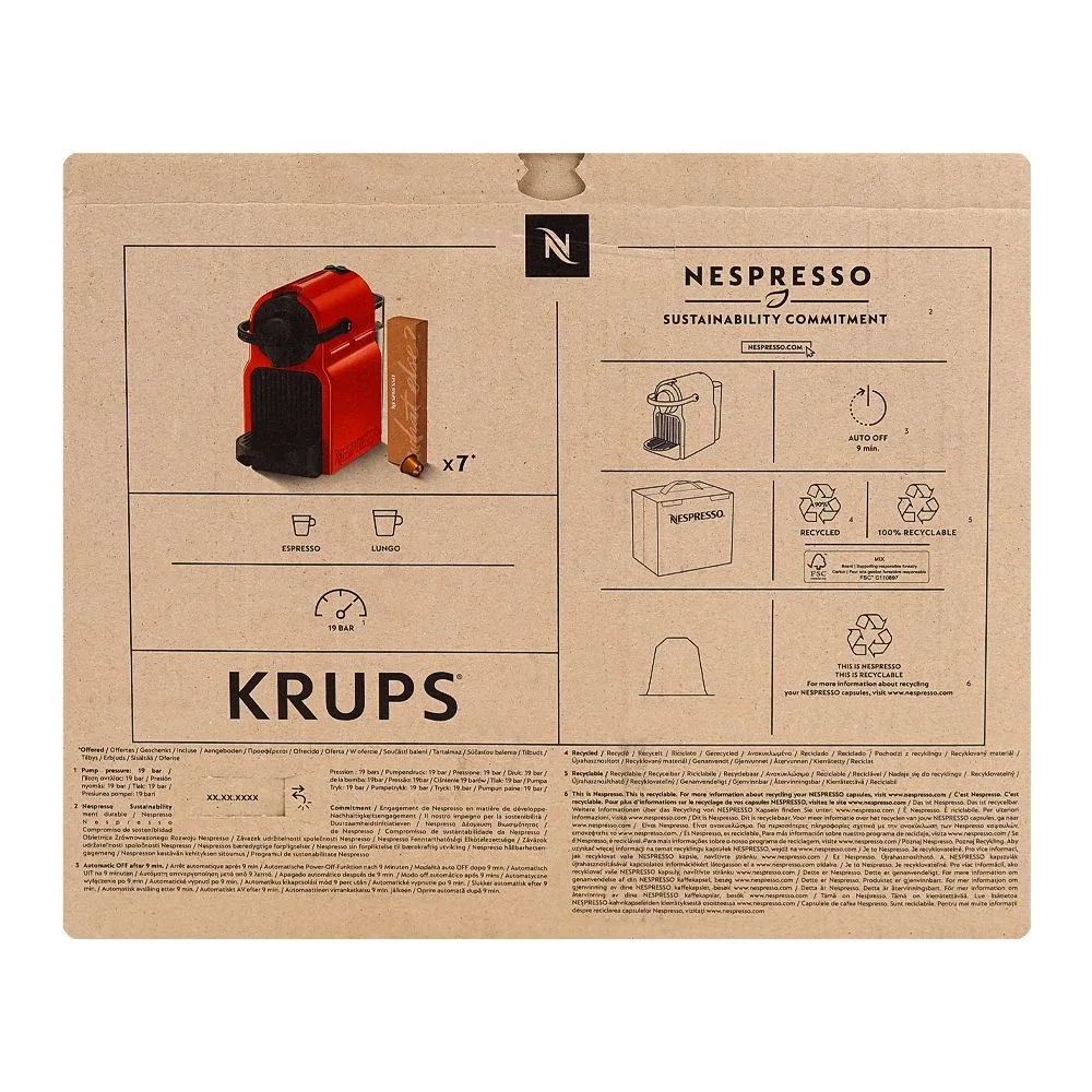 Close-up design of nespresso inissia krups coffee machine, 1150-1260w, 220-240v, 1 liter, red, xn1005.99de