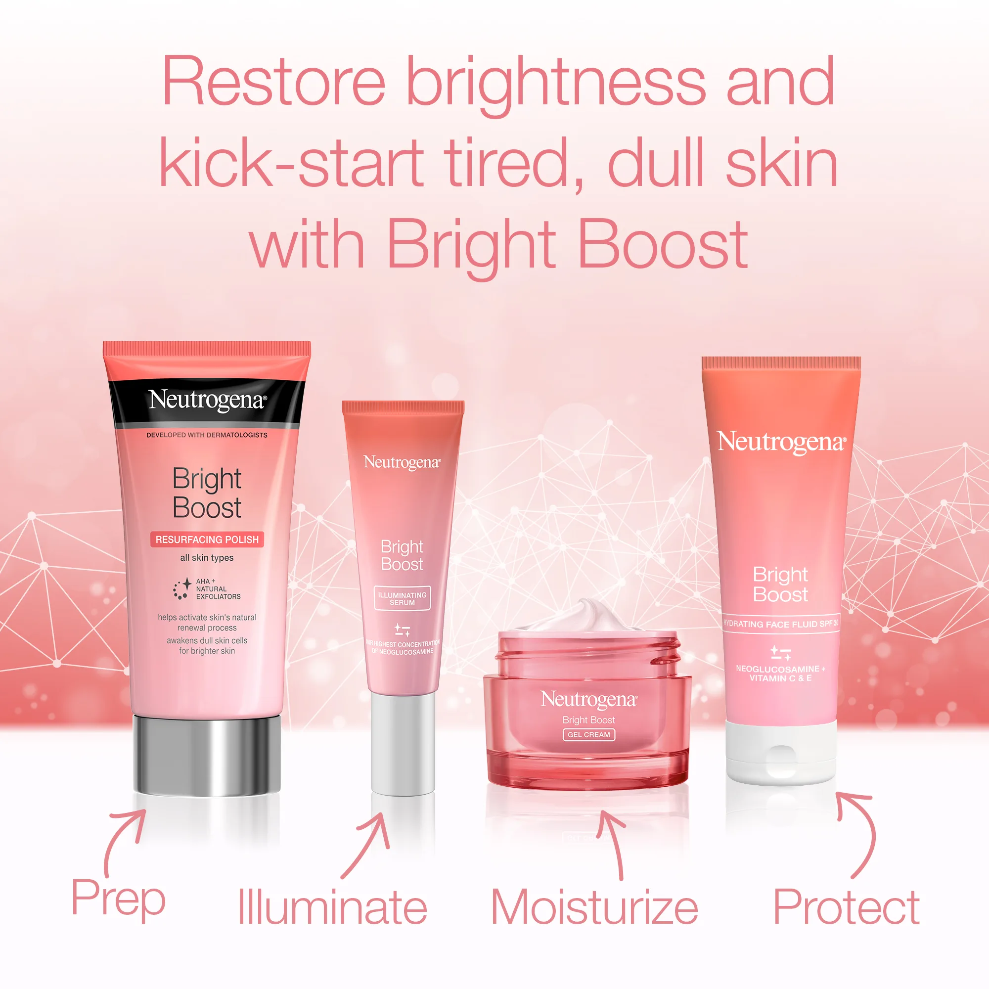 Front angle of neutrogena bright boost gel fluid spf30 with neoglucosamine +vitamin c & e, reduce hyperpigmentation & dark spots, 50ml