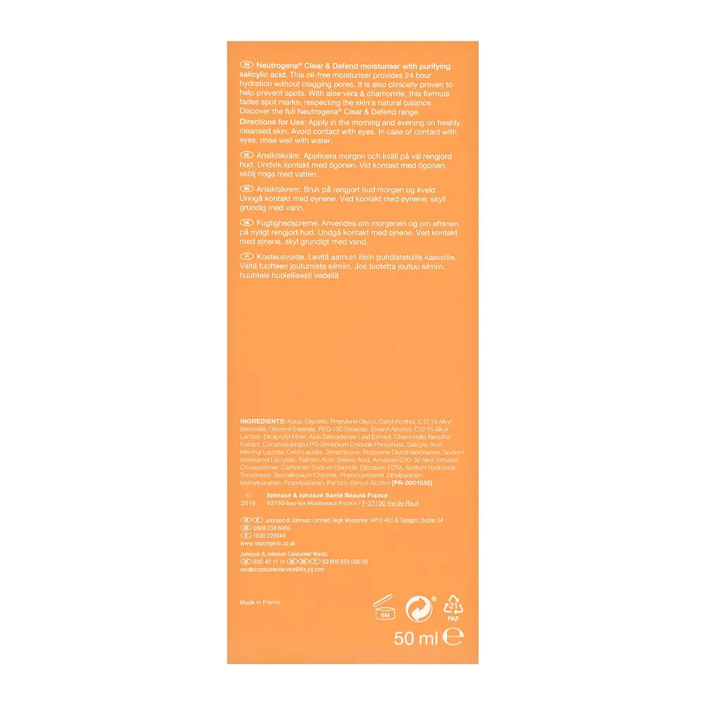 Side view of neutrogena clear & defend clinically proven oil-free moisturiser, for spot-prone skin, 50ml