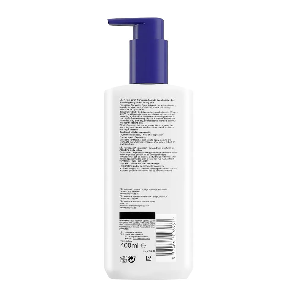 Side view of neutrogena deep moisture fast absorbing body lotion, for dry skin, 400ml