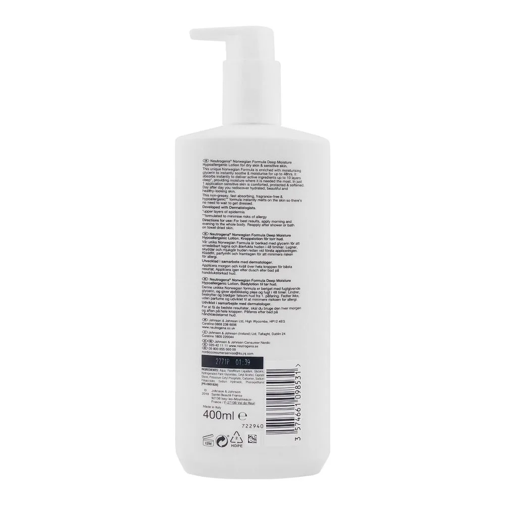 Side view of neutrogena deep moisture hypoallergenic body lotion, for dry & sensitive skin, fragrance-free, 400ml