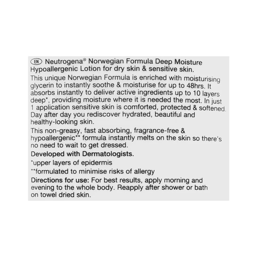 Comfortable casual neutrogena deep moisture hypoallergenic body lotion, for dry & sensitive skin, fragrance-free, 400ml