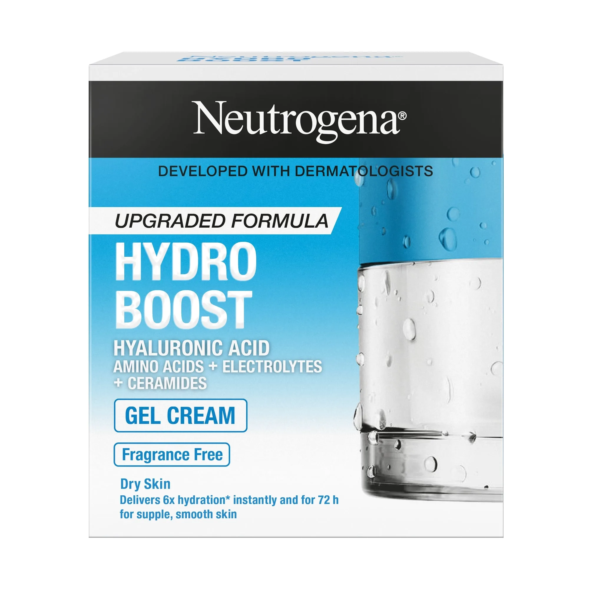 Side view of neutrogena hydro boost gel-cream, dry skin, fragrance free, 50ml